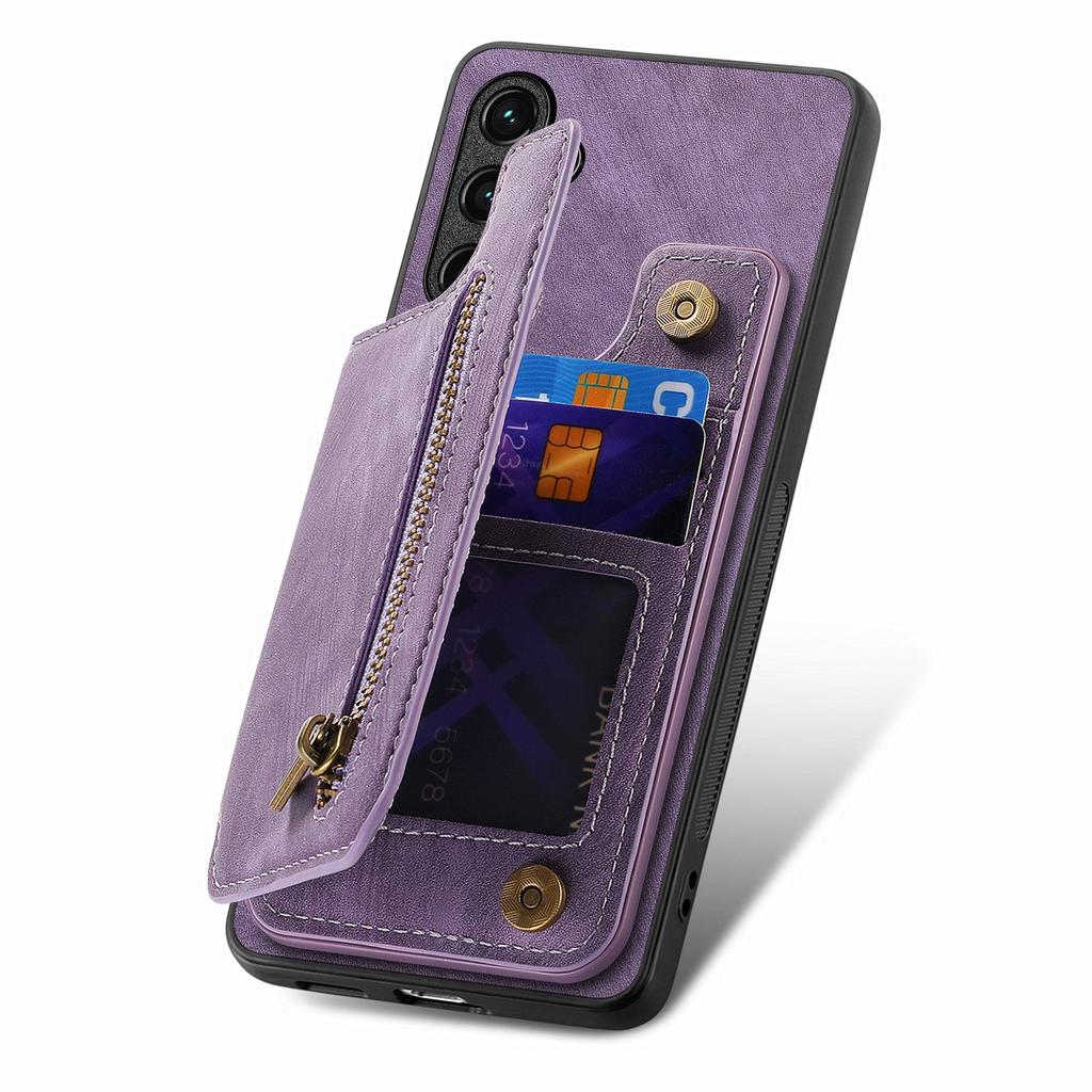 For Samsung Galaxy S25+ Case with Zipper Card Holder Retro Leather TPU Phone Cover