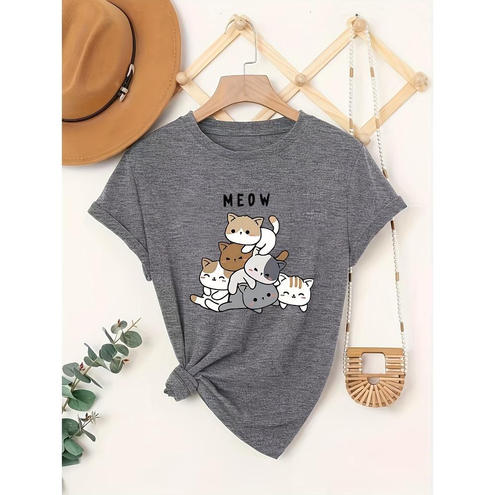 Женские хлопковые футболки с коротким рукавом MEOW Кот Стопка Женская футболка Милая Кавайная Графическая Повседневная Топ для любителей кошек