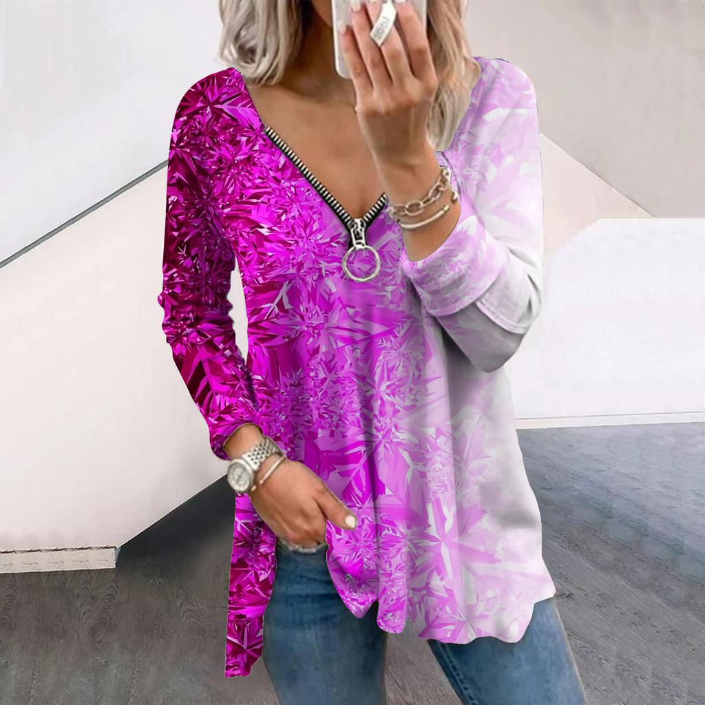 Women Autumn Gradient Glitter Printed Long Sleeve T-Shirts Loose V-Neck Plus Size Tee Shirt Tops Comfy Blouse