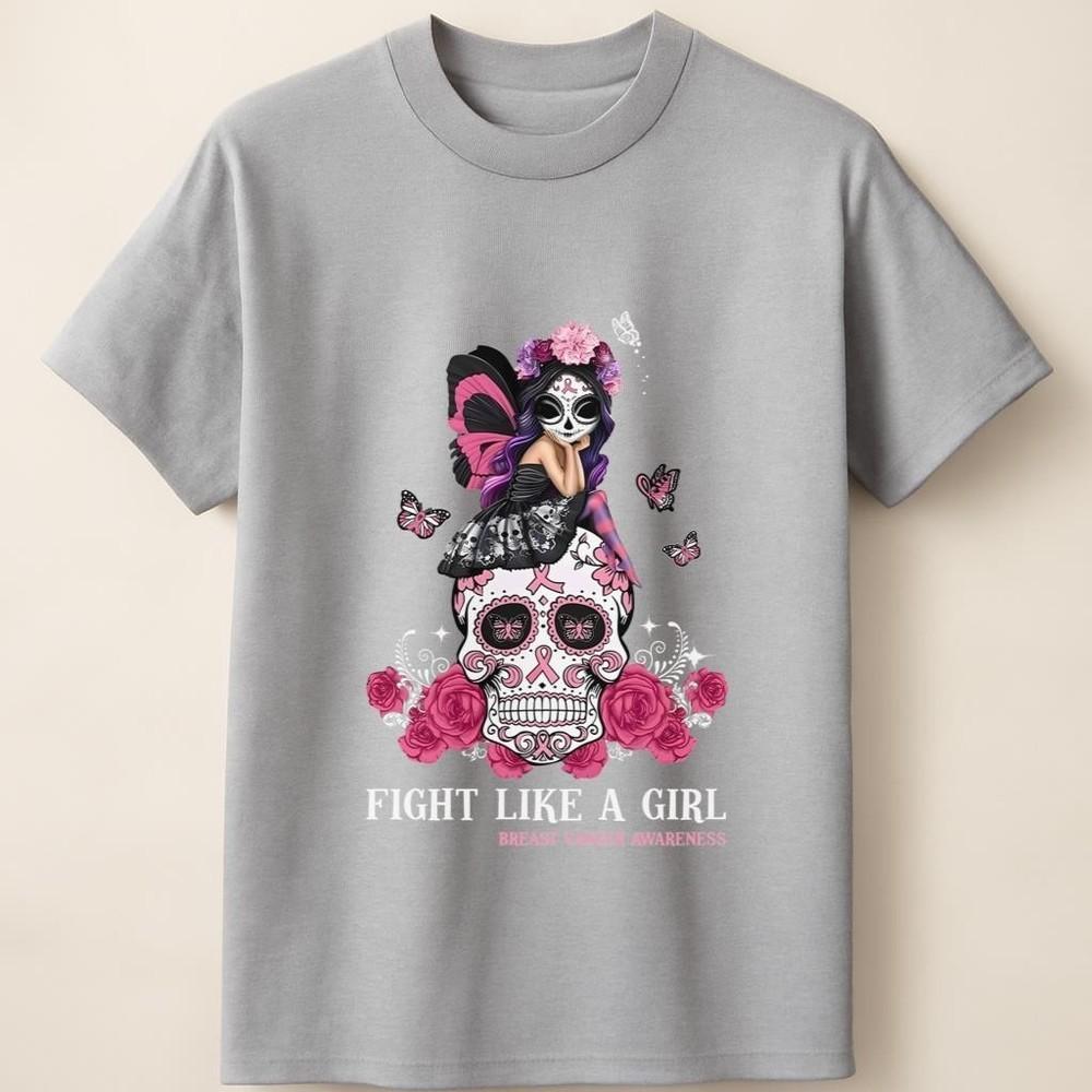 Fight Like A Girl Skeleton Art with Floral Ribbon Awareness Design Unisex TShirt Unisex T-Shirt
