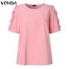VONDA Женская летняя повседневная однотонная свободная блузка с круглым вырезом и жемчугом в виде листьев лотоса и короткими рукавами