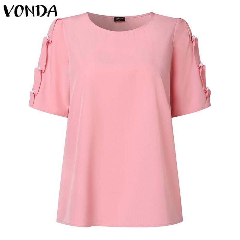 VONDA Женская летняя повседневная однотонная свободная блузка с круглым вырезом и жемчугом в виде листьев лотоса и короткими рукавами