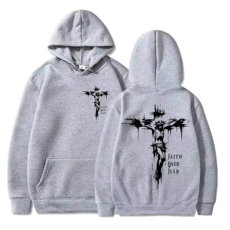 Hoodie with Religious Cross and Motivational Text Prints Pullover Style Autumn Fashion Hooded Hoodie Casual Hoodie Unisex