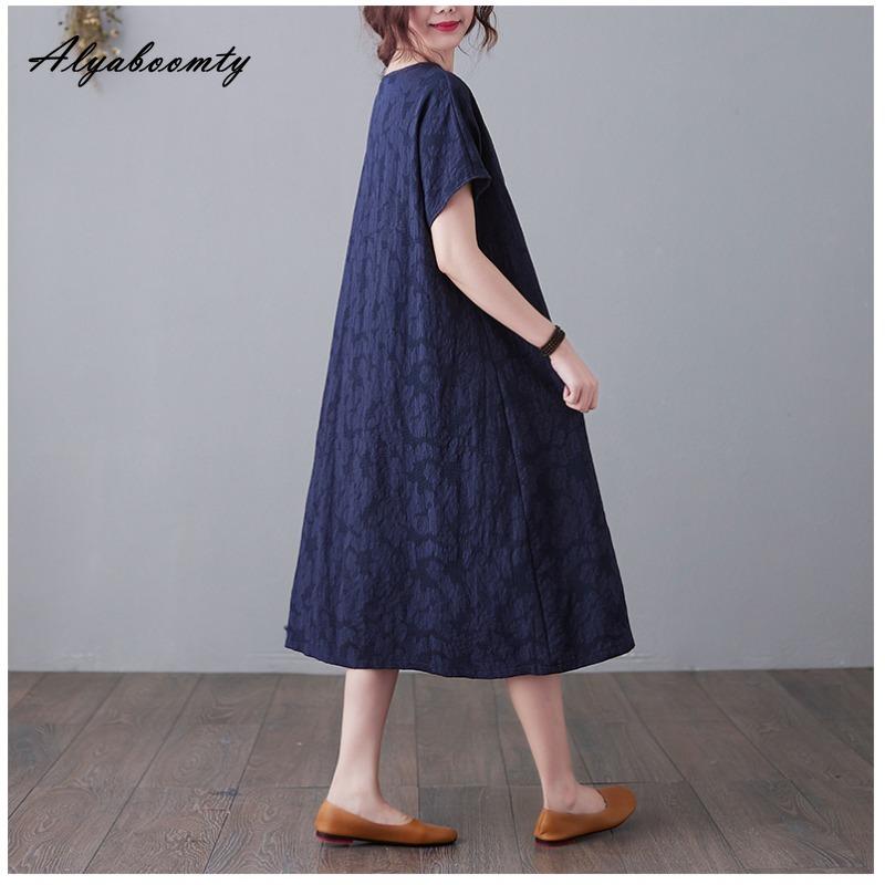 Плюс Размер Лето Женское Однотонное Платье А-силуэта Короткое Платье С О-образным Вырезом Красное Темно-синее Черное Зеленое Платье С Разрезом Жаккардовое Хлопковое Свободное Платье С Карманом