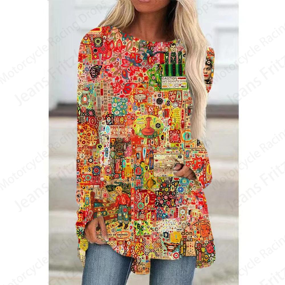 Футболки с европейским узором и 3D-принтом, женская модная футболка, туника с длинным рукавом, повседневные длинные топы, футболка с цветочным принтом, женская одежда y2K