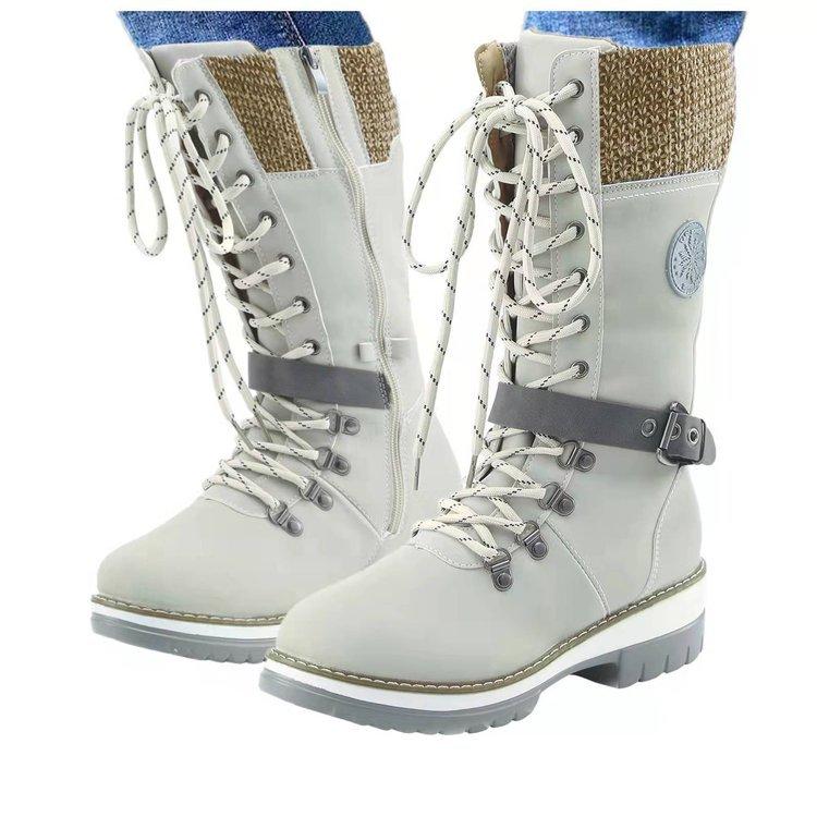 Independent Station Wish Autumn and Winter Foreign Trade Large Size Women's High-top Long Tube Belt Buckle Wool Mouth Lace Up Martin Boots Boots