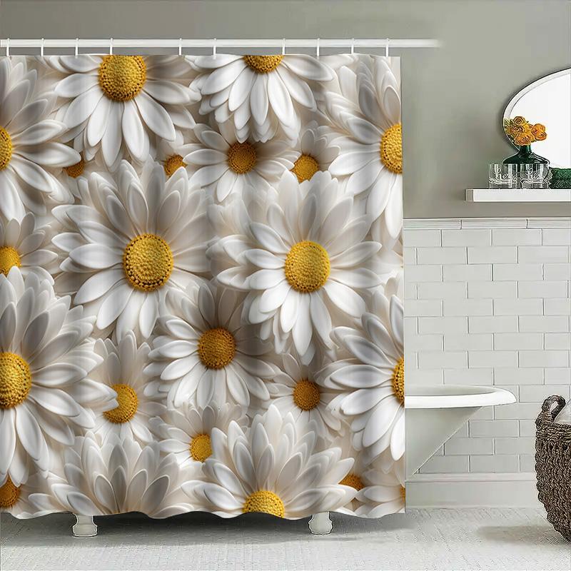 White Daisy Shower Curtain 3D Flowers Printed Home Decor Waterproof Bathing Rug Cover for Bathroom Decoration White Yellow Flowe
