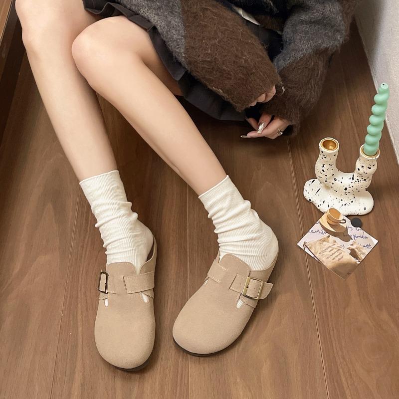 Мода 2024 года, лето, новые однотонные тапочки Baotou с круглой головкой, однотонные, матовые, кожаные, большого размера, удобные для женщин