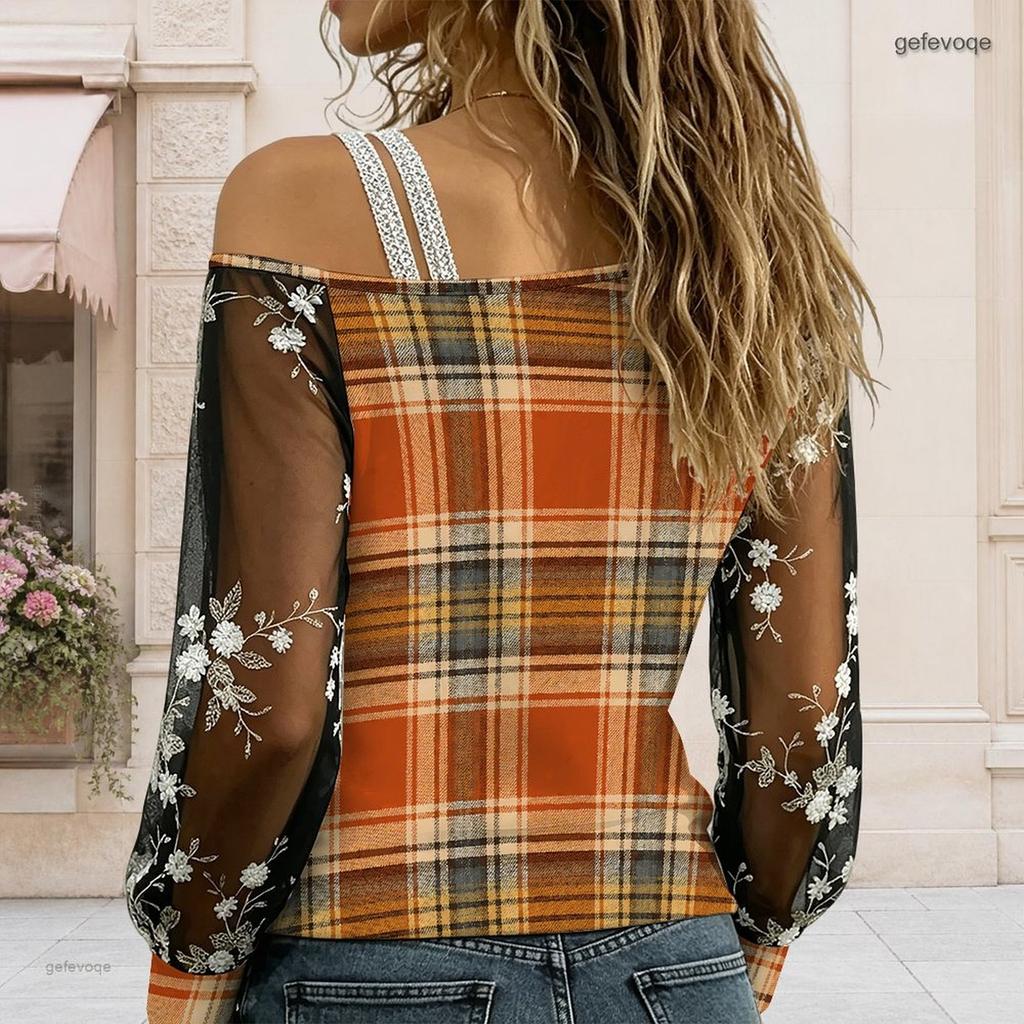 Women Plus Size Asymmetric Cold Shoulder Long Sleeve Geometric Printed Sheer Floral Mesh T Shirt