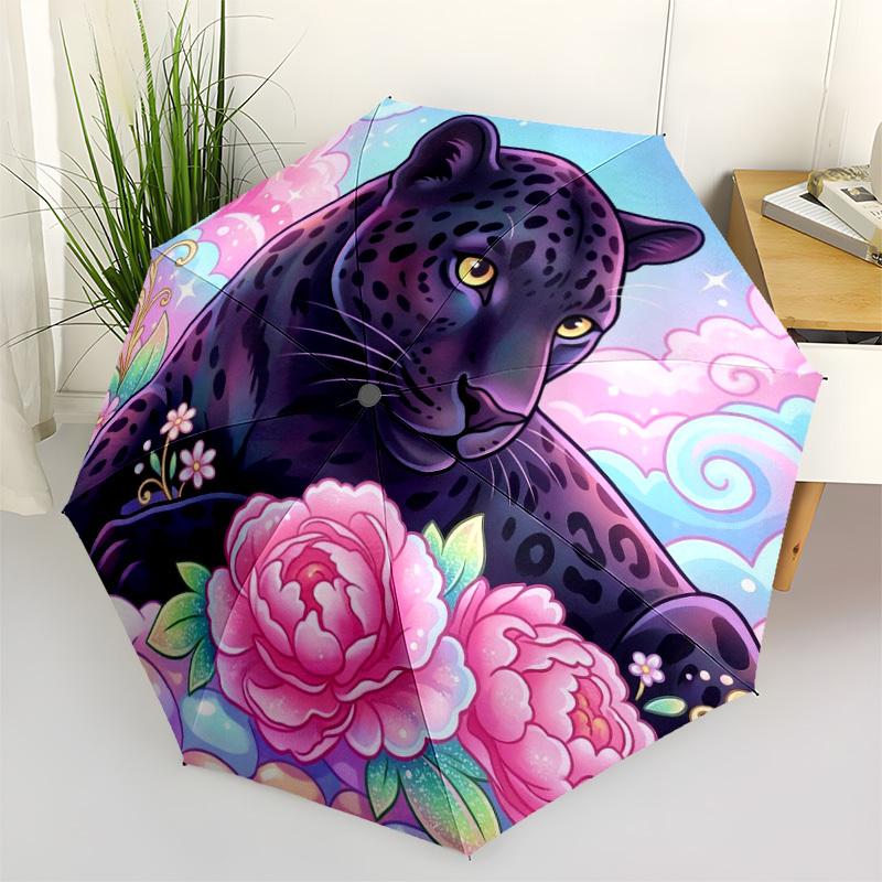 1pc Panther Flowers Umbrella Portable Folding Umbrella Durable Iron Frame, Suitable for All Seasons Home Travel Outdoor yy260319025