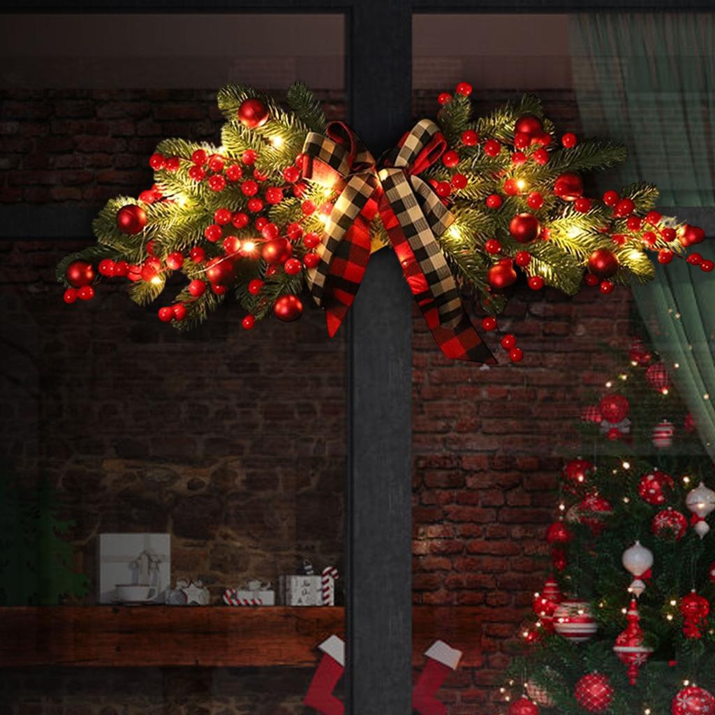 Christmas Door Swag Red Berry Plaid Bow PE Design Festive Holiday LED Light Optional Christmas Door Wall Hanging Decoration