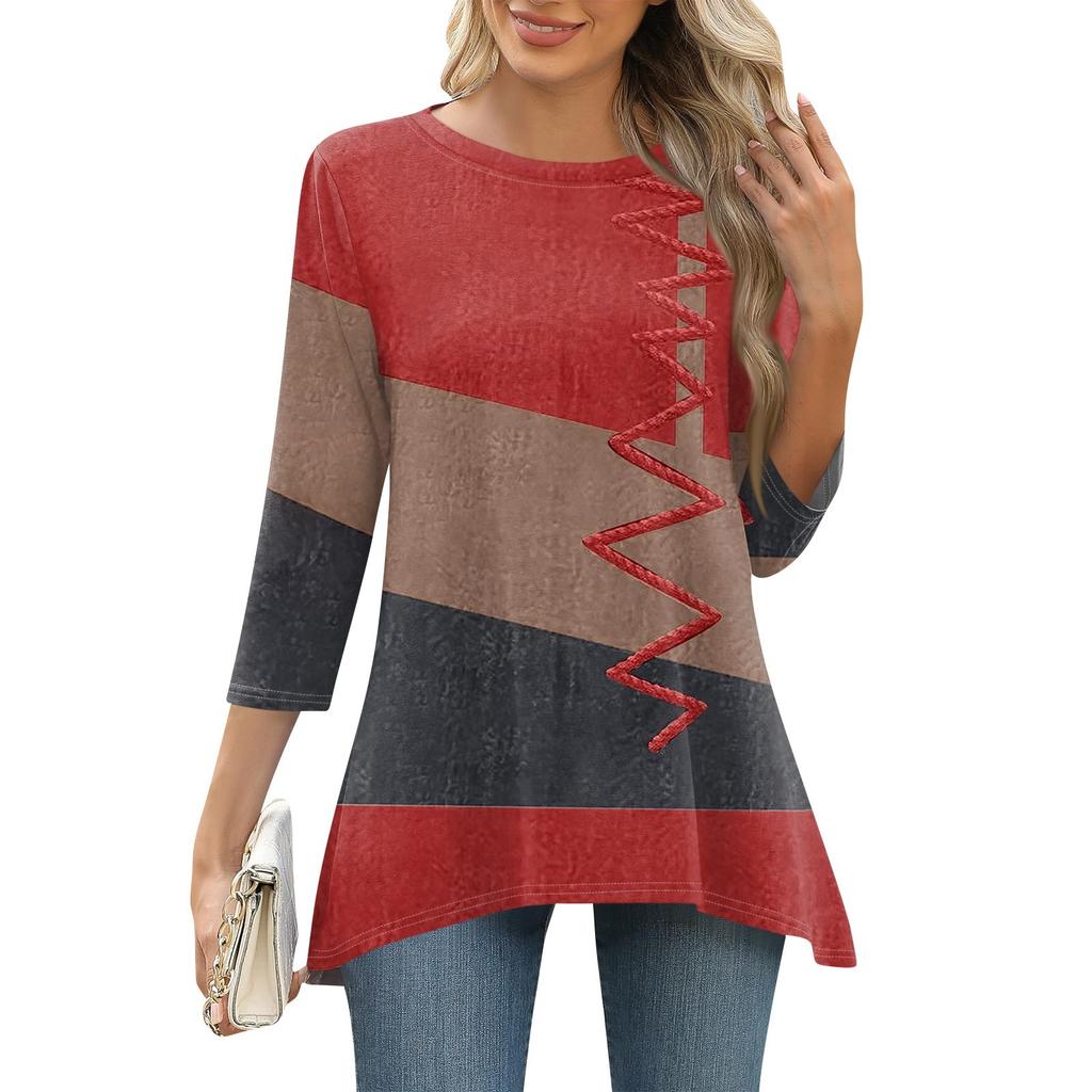 3/4 рукав туника топы для женщин принтованный повседневный выходной свободный крой модная базовая футболка с круглым вырезом