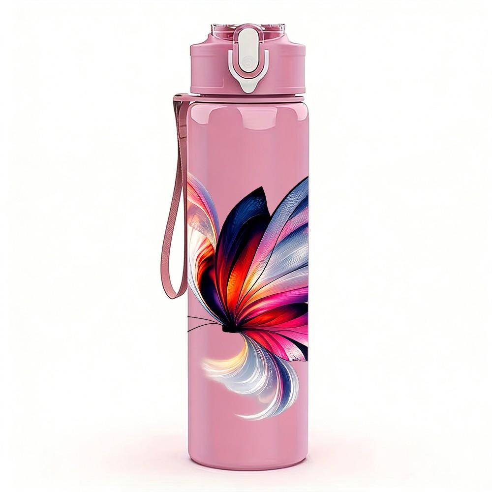 1PC Watercolor Butterfly Art Pattern 750ml Color Plastic Sports Water Bottle Leakproof Flip Straw Lid Suitable for Sports Office Home Use