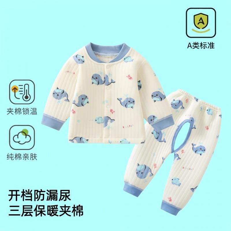 Baby Winter Warm 3-Layer Cotton Padded 2-Piece Set With Open Crotch Unisex Long Sleeve Pants Newborns 0-12 Months