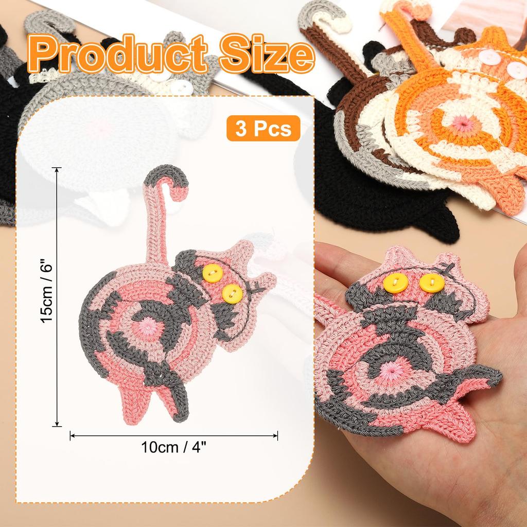 PATIKIL 3-Piece Cat Coaster Set, 15cm Cute Crocheted Cat Coasters, Desk Coaster for Adults, Home Decor, Drink Gift, Coffee, Pink Tone