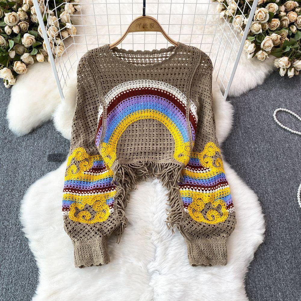 Autumn and Winter Lantern Long-sleeved Crochet Hollow Knitted Sweater Design Sense Tassel Outer Blouse Round Neck Loose Stacked Top