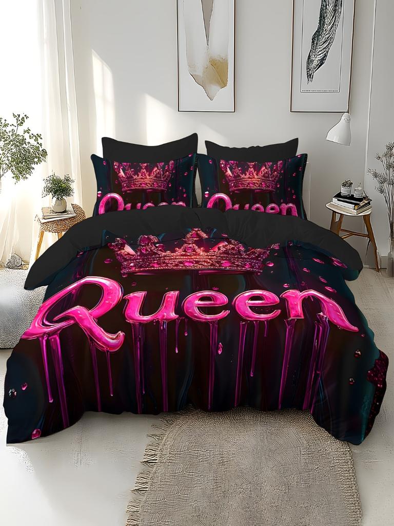 3pcs Bedding Set Pink Queen Crown 3D Print Cozy Duvet Cover King Queen Twin Size Birthday Gift for Adult Girl Bedroom Decoration