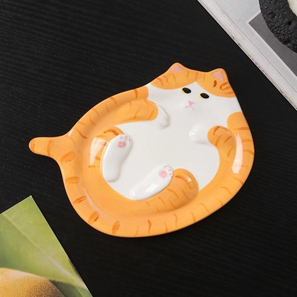 Ceramic Ginger Cat Plate Creative Bread Dessert Plate Calico Cat Kitty Jewelry Tray Kitchen