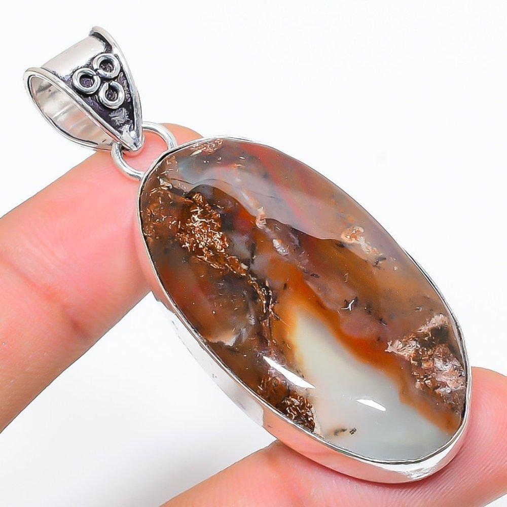 Honey Dendritic Gemstone Handmade 925 Sterling Silver Jewelry Pendant 2.44" E6O39
