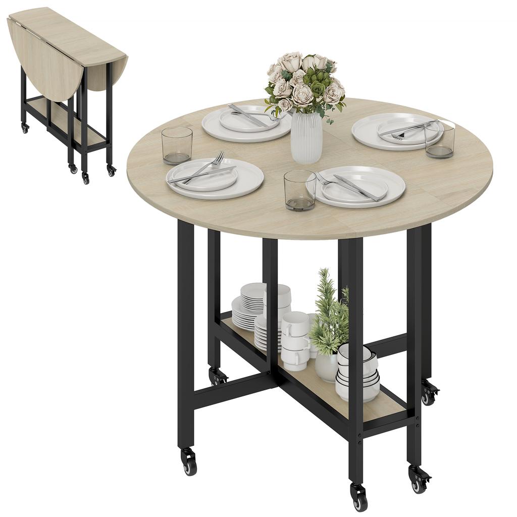 Folding Table, Table with Fold Function and Open Shelf, Rolling Kitchen Table for Dining Room, Small Spaces, Natural