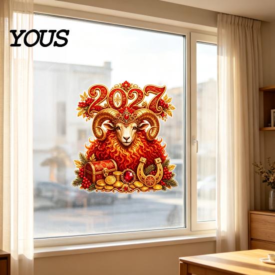 Removable Static Cling Decorations 2027 New Year Window Cling, Red And Gold Zodiac Sheep Decals Festive Decor for Glass Doors, Non-adhesive