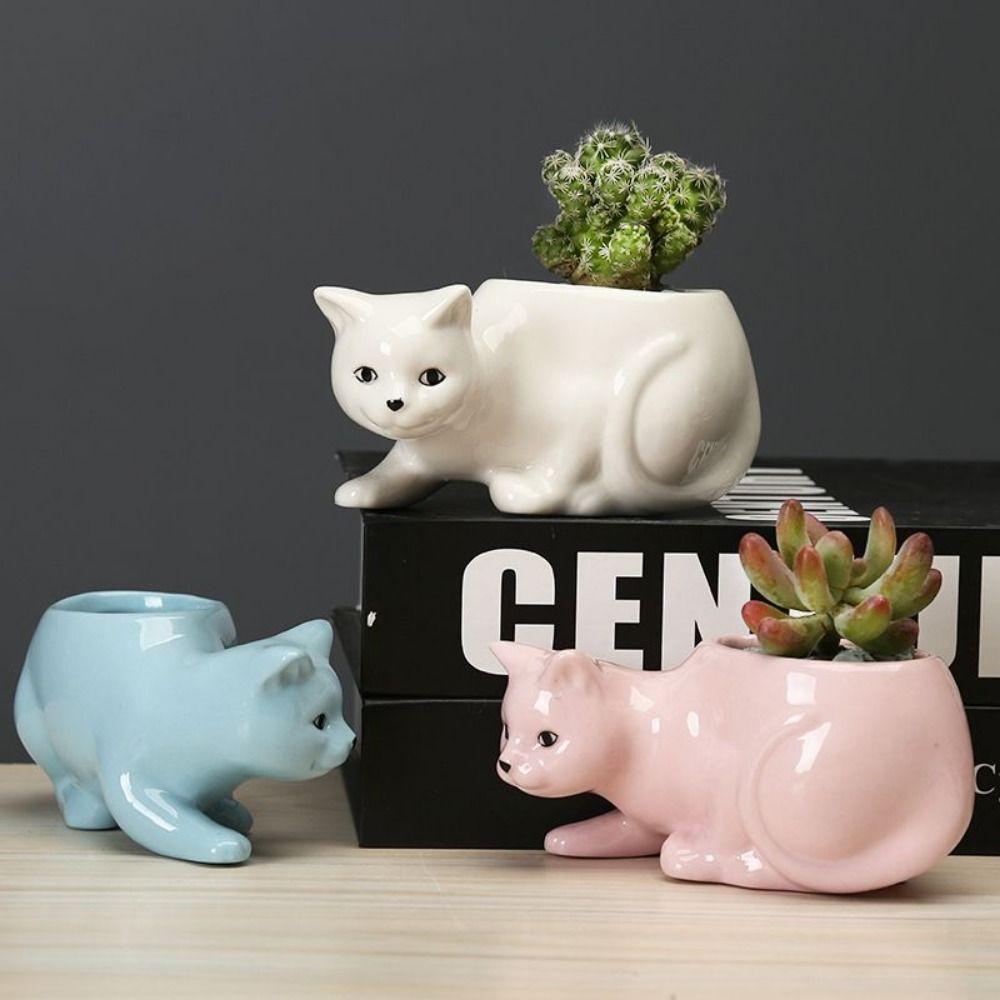 With Tray Cat Flower Vase With Drainage Hole Kitten Vase Container Ceramic Flower Pot Bonsai