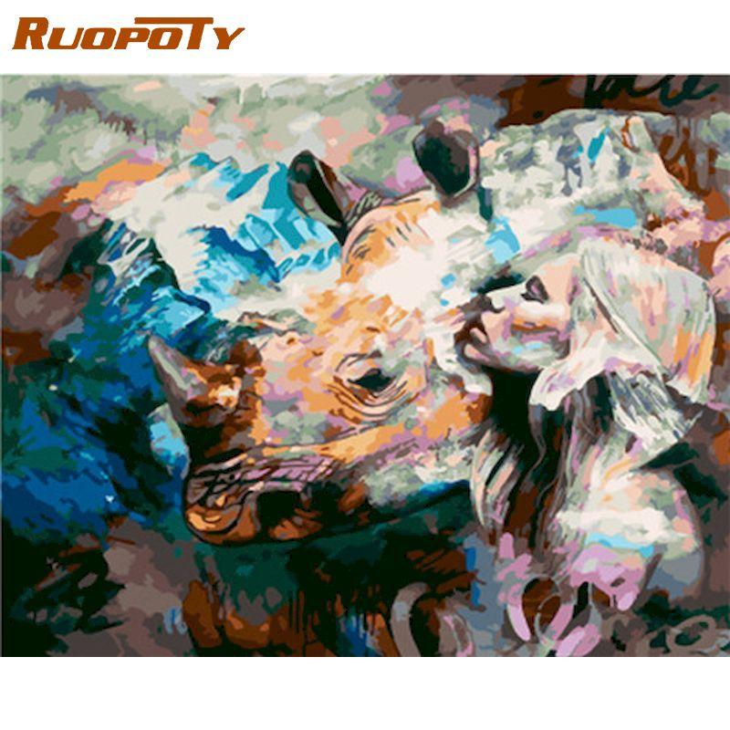 RUOPOTY Девушка и красочная фигурка льва, наборы для рисования по номерам, в рамке 60x75 см, DIY масляные краски, раскраска на холсте, домашний декор, искусство