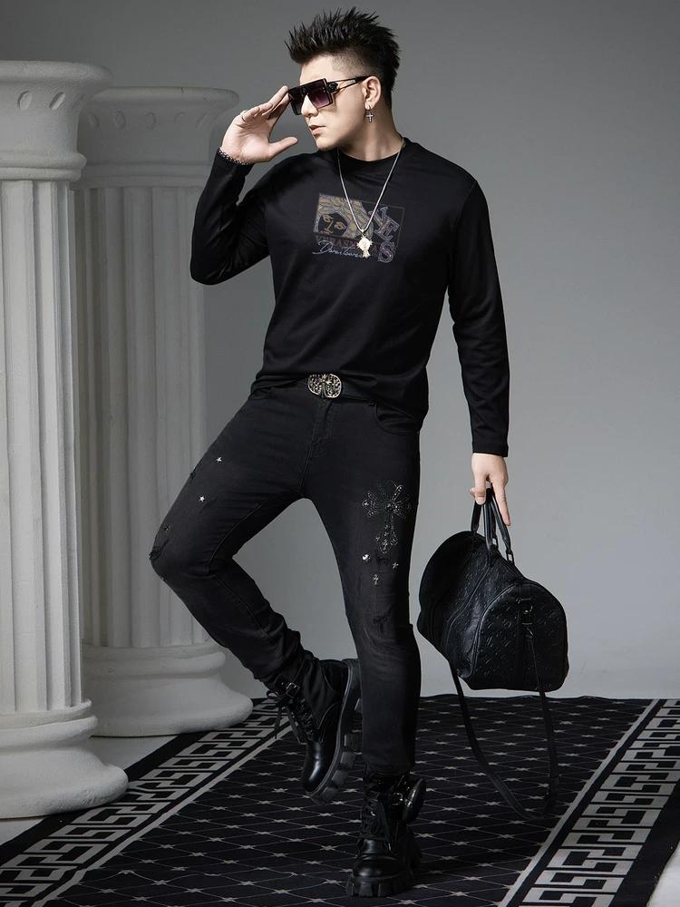 European Style Round Neck Long Sleeve T-Shirt for Men, 2025 Autumn New Trendy Printed Rhinestone Base Shirt Casual Top
