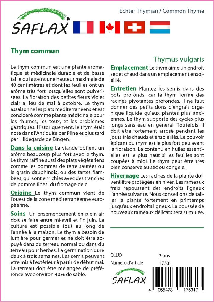 SAFLAX Garden in the Bag - Тимьян обыкновенный - 200 семян - С субстратом в подходящем стоячем пакете - Тимьян обыкновенный