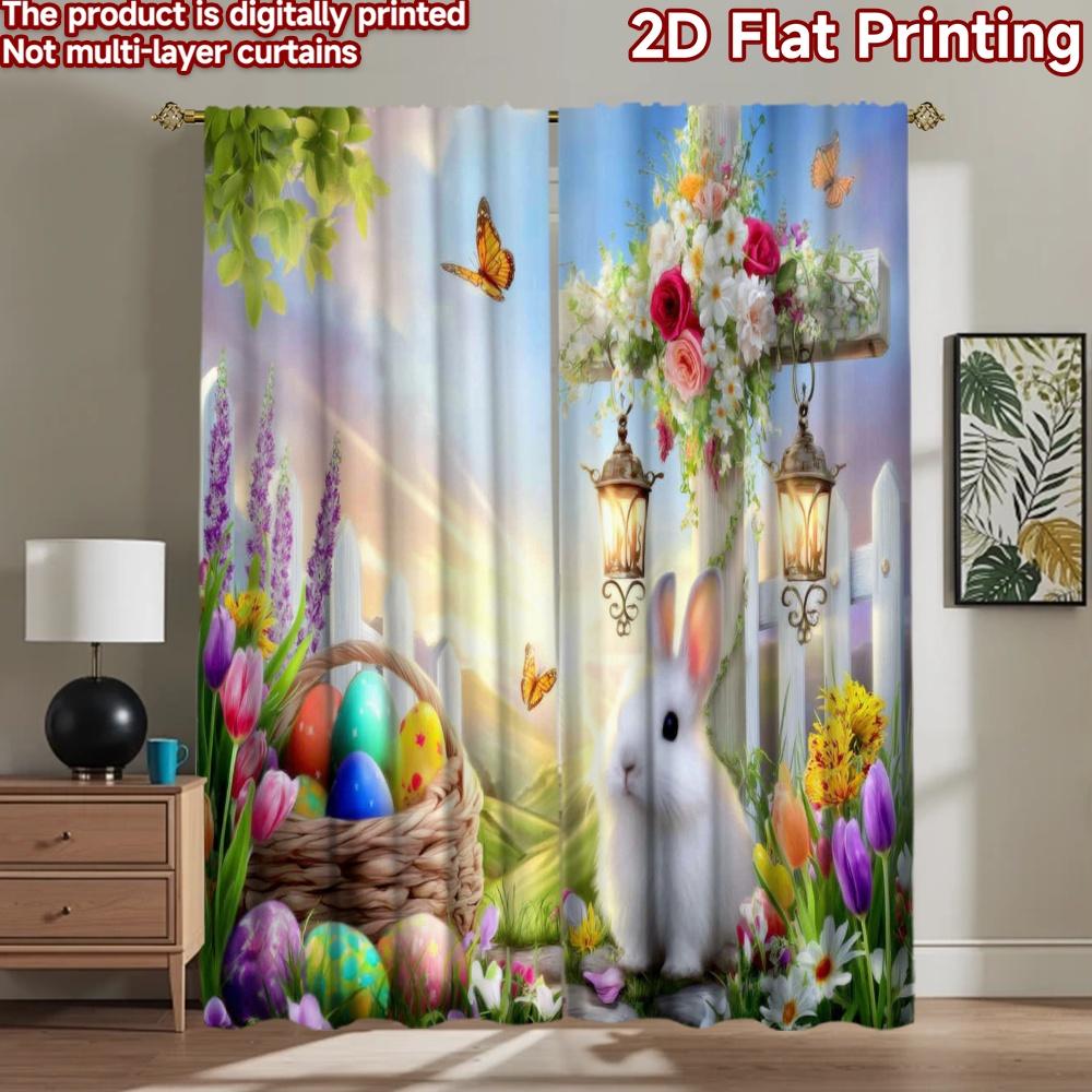 2D flat printing 2pcs Window Curtains Easter Bunny Cross Flowers Digital Printed Polyester Drapes Birthday Party Use for New