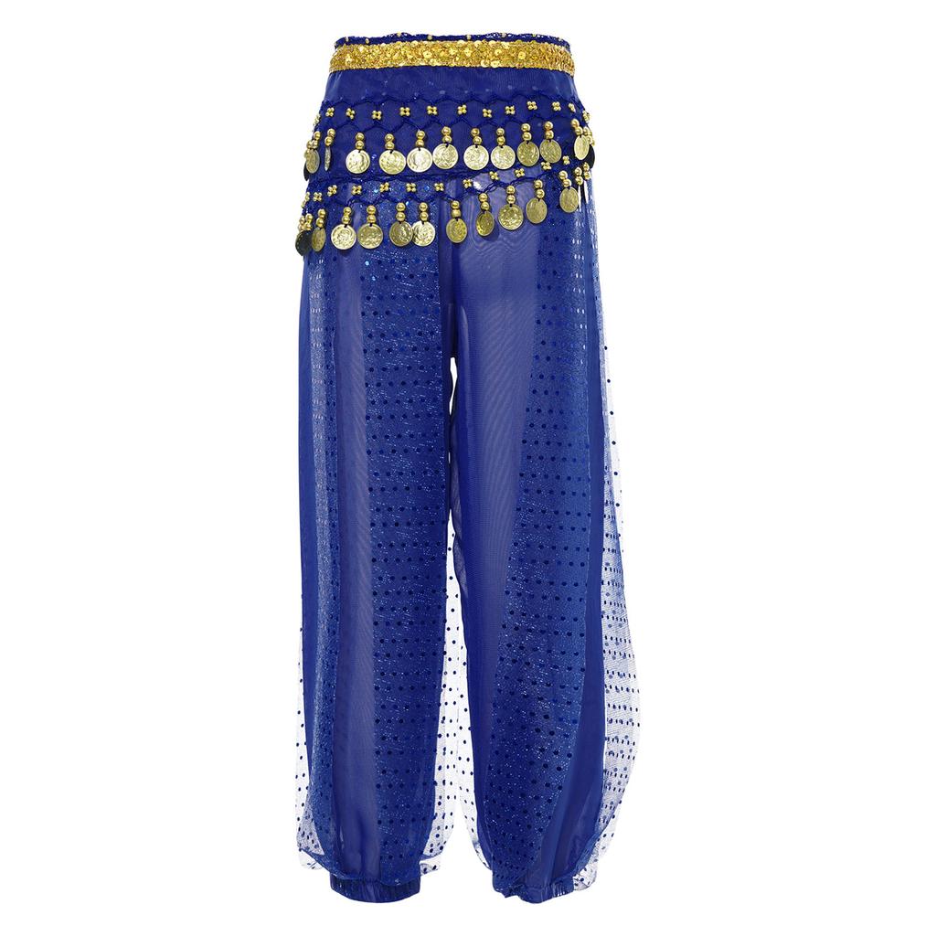 Girls Elegant Belly Dance Pants Sequin Embellished Chiffon Fabric Elastic Waist Beaded Tassels Performance Wear