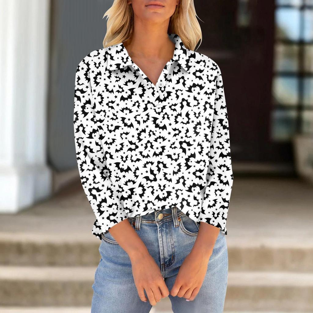 Women's Seven Quarter Sleeved T-shirt V-neck Button Up Shirt With Printed Loose Top For Halloween