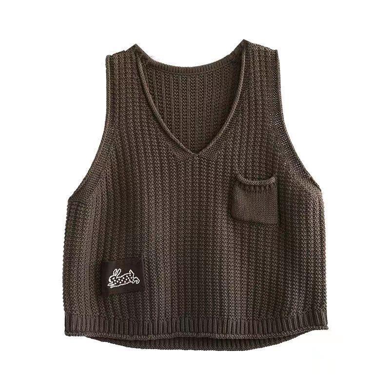 Винтажная мода V-образный вырез однотонный свитер жилет женский свободный повседневный универсальный пэчворк вязаный джемпер весенняя женская одежда