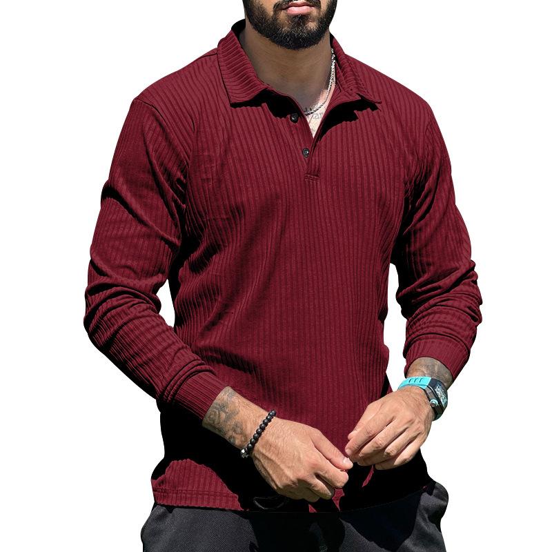 Мужская облегающая повседневная рубашка-поло с длинным рукавом в рубчик