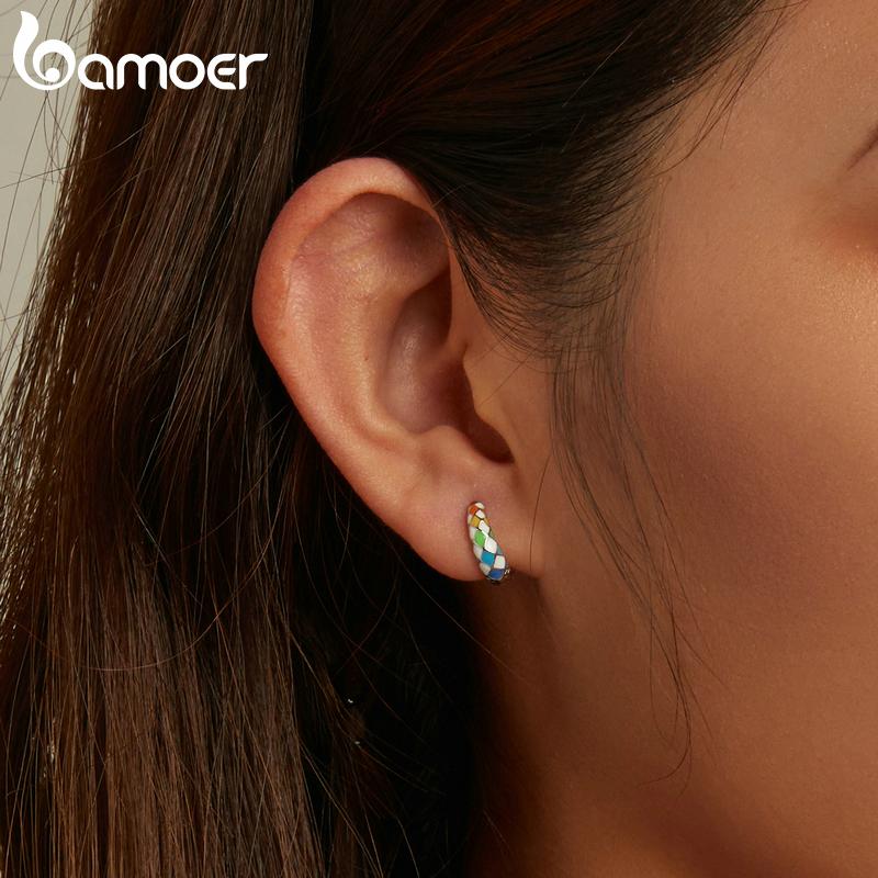 BAMOER New Trendy 925 Sterling Silver Rainbow Chequered Earrings Fashion Brilliant Color Ear Buckles for Women Fine Jewelry Gift