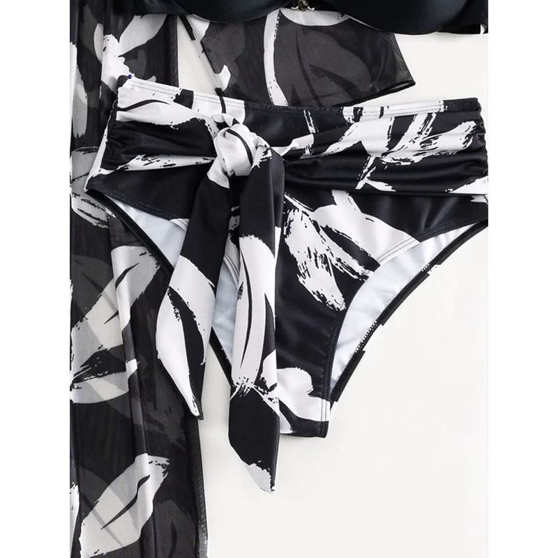 Бикини пуш-ап с принтом растений и кимоно, прикрытый купальник, женский купальник с длинным рукавом, комплект бикини из трех предметов, купальный костюм