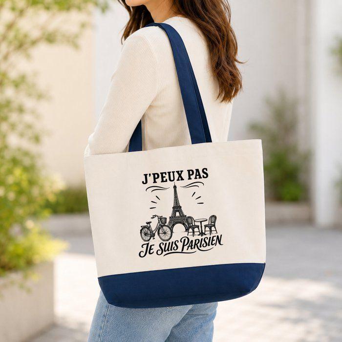 Sac de courses - PLANETEE - Grand Sac Cabas Fond Bleu - Coton 170 g/m² - 45×40×15 cm 27 L - Impression DTG motif noir