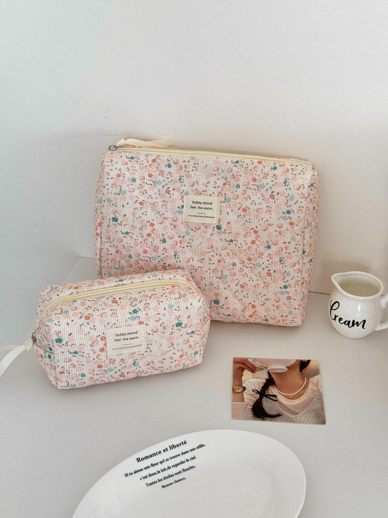 Spring Floral Corduroy Makeup Bag - Versatile Travel Storage