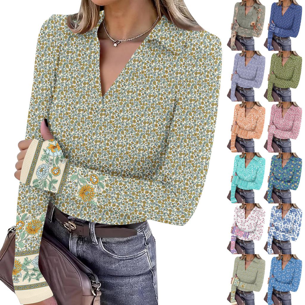 Women's Fashion Casual Print V-Neck Long Sleeve Button-Down Top