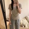 American retro striped Henry collar button short-sleeved T-shirt women's summer new slim-fit pure desire versatile top
