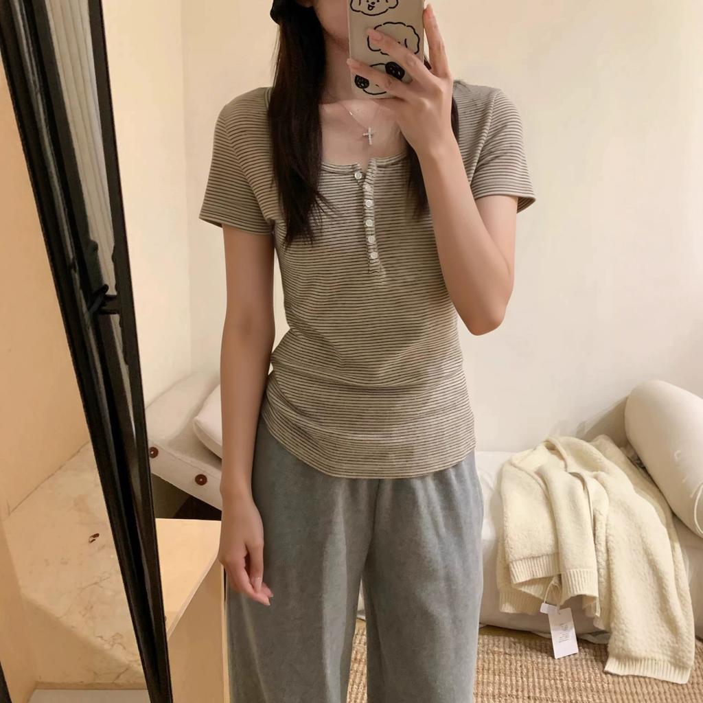 American retro striped Henry collar button short-sleeved T-shirt women's summer new slim-fit pure desire versatile top