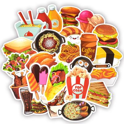 50 шт., наклейки для быстрого питания, напитков, мультяшные вкусные бургеры, картофель фри, пицца, десерт, диетические наклейки на холодильник, ноутбук, чемодан, наклейки, игрушки, подарки