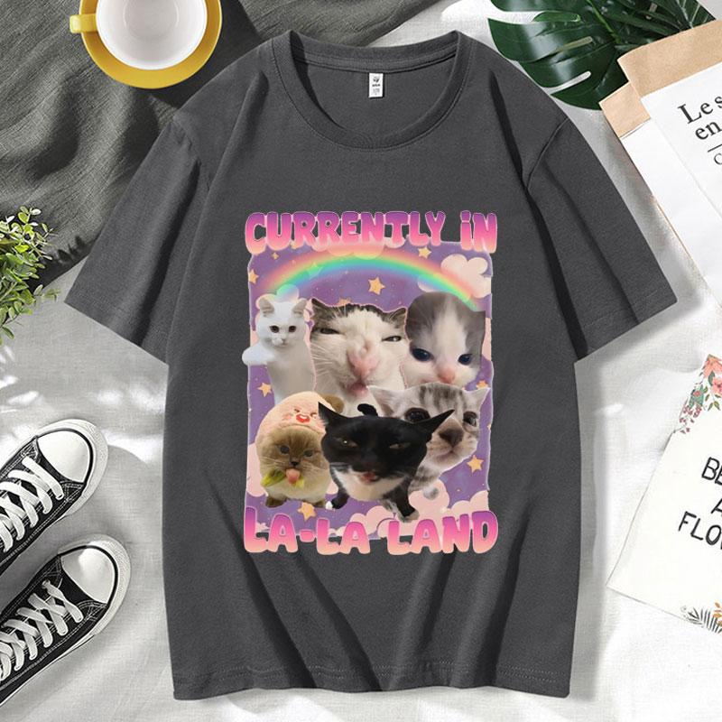Currently in LaLa Land Funny Cat Meme T Shirt Stupid Gifts Unhinged Tshirt Gift for Women Goofy Cats Tee Shirts Short Sleeve