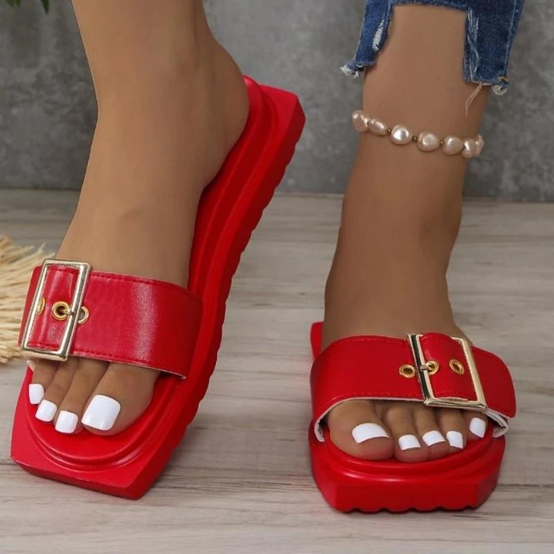 2024 Новые однотонные тапочки женские с люверсами и пряжками квадратный носок тапочки с пряжками ремни плоские туфли сандалии женские домашние Zapatos