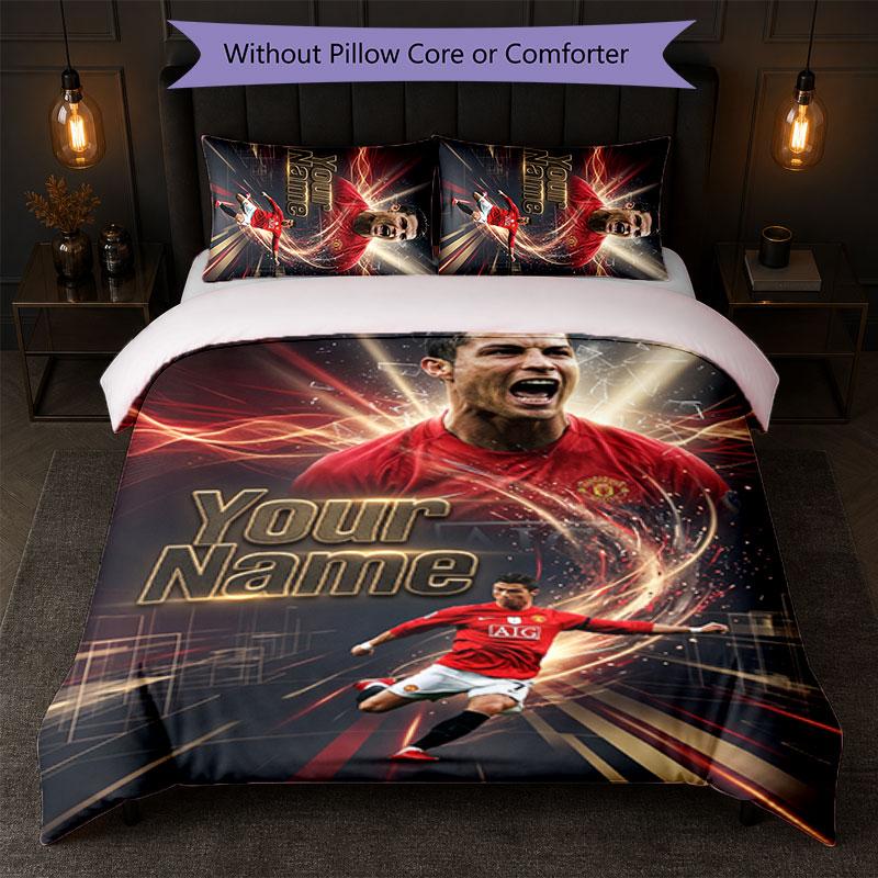 Cristiano Ronaldo Custom Name Text Bedding Set 1 Duvet Cover+2 Pillowcases Soccer Logo Personalized Gift For Special Occasion Bedroom Decor