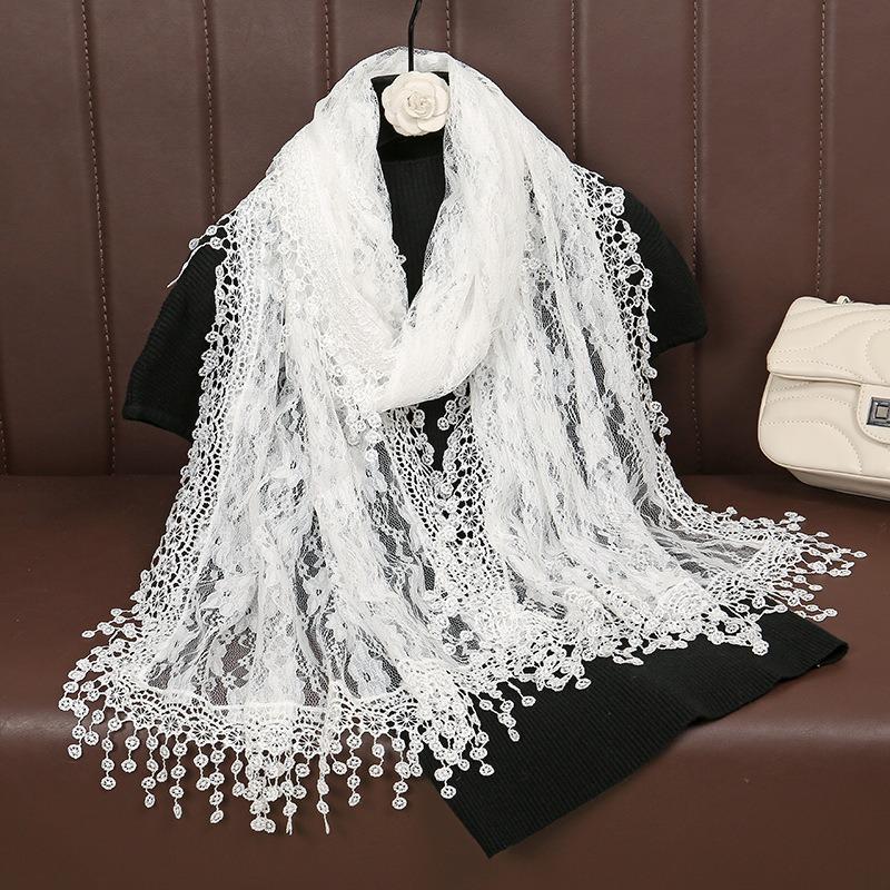 Summer New Solid Color Floral Fringed Shawl, Women's Fashion Thin Plum Blossom with Lace Long Towel