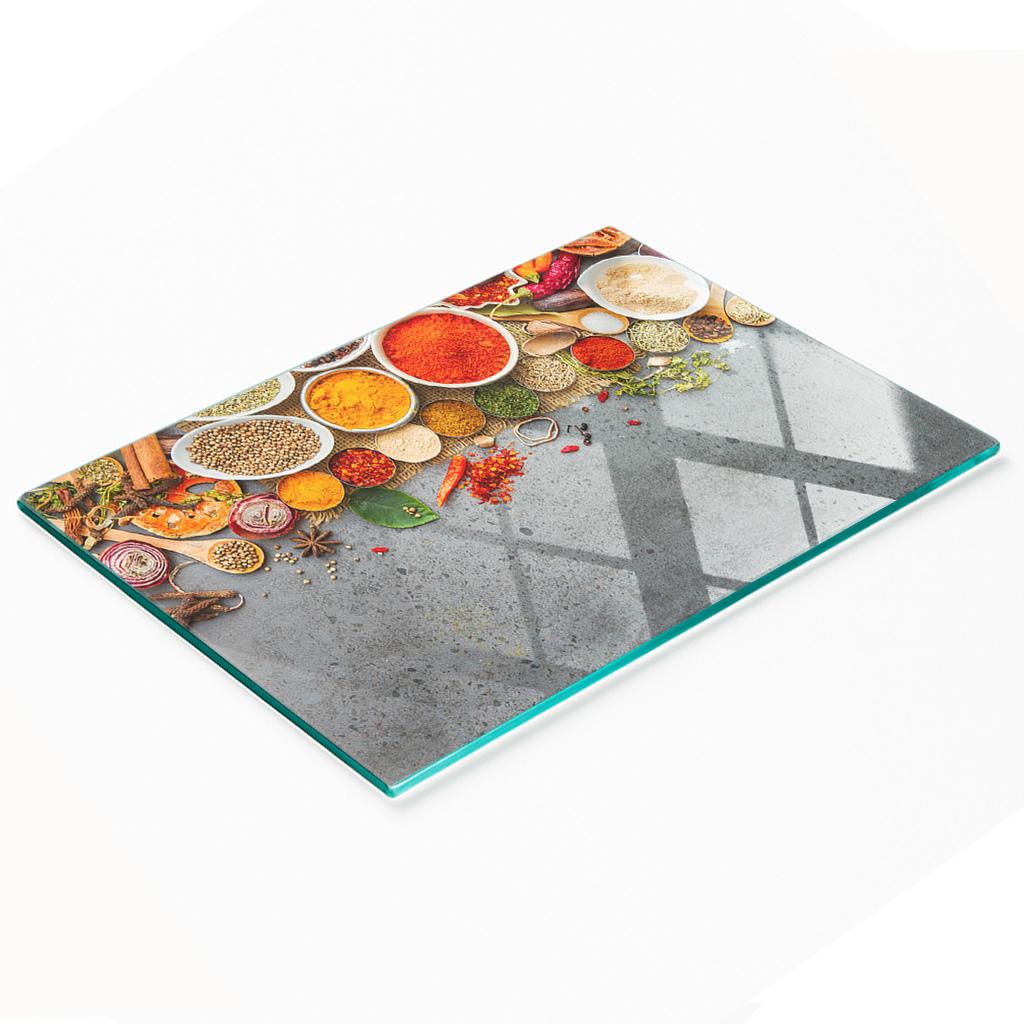 Glass Kitchen Serving Board with Graphic Spice Mix 80x52 cm