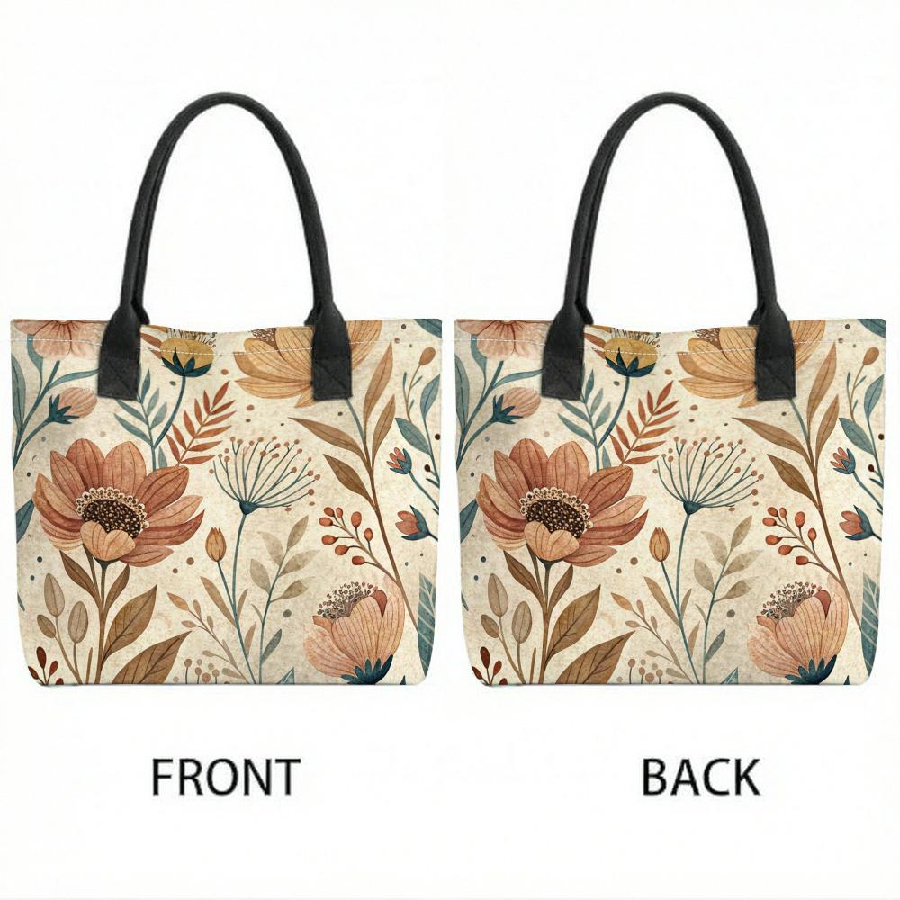 Boho Floral Canvas Tote Bag Casual Large Capacity Daily Shoulder Handbag