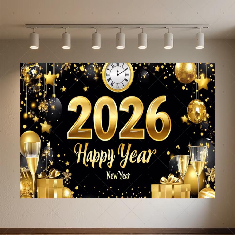 Black Gold New Year Background Banner Glitter 2026 Happy New Year Backdrop Supplies Balloons New Year Party Decoration Gifts