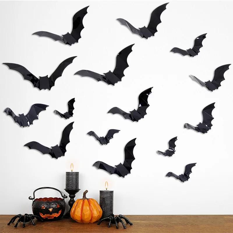 Halloween Party Bat Sticker 3D Stereoscopic Bat Sticker Black Bat Sticker Decorate Room Scary Decorative Props